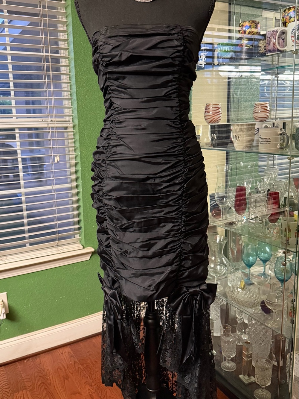 Gunne Sax Black Ruched Lace-Hem Asymmetrical Cocktail Dress